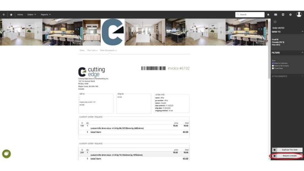 A screenshot of Cutting Edge's online ordering system with 'Request a remake' circled in red.