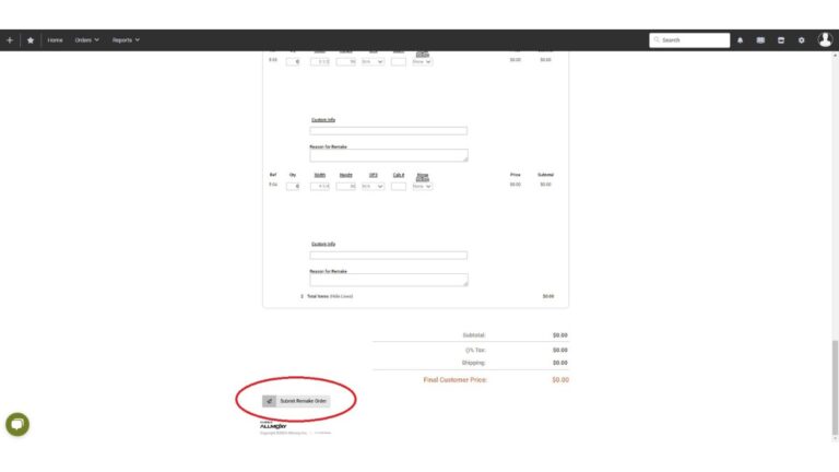 A screenshot of Cutting Edge's online ordering system with 'submit remake order' circled in red.