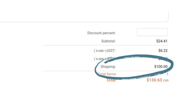 Screenshot of the pricing section of Cutting Edge's online order system. The shipping costs are circled.
