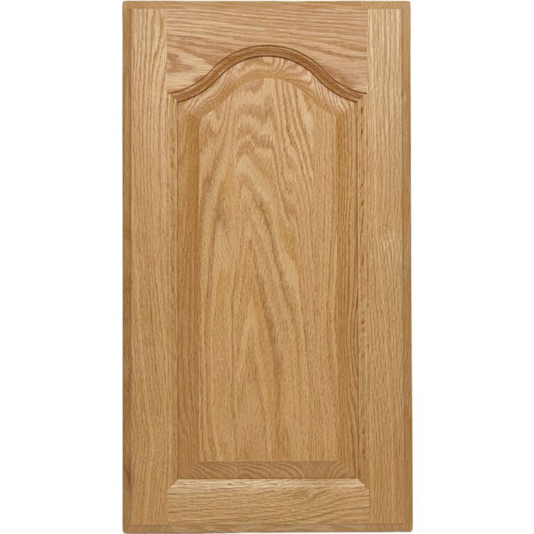 A Red Oak cabinet door with an arched top rail and a raised panel.