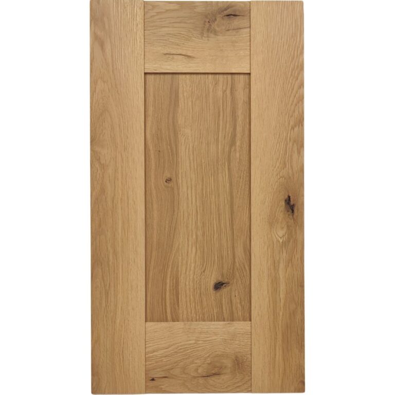 A knotty White Oak cabinet door with a solid wood center panel.