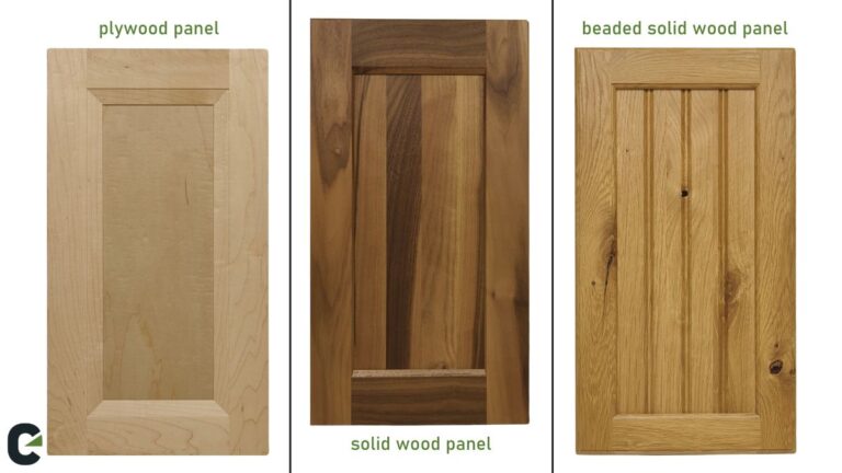 From left to right: plywood panel, solid wood panel, and beaded solid wood panel cabinet doors.