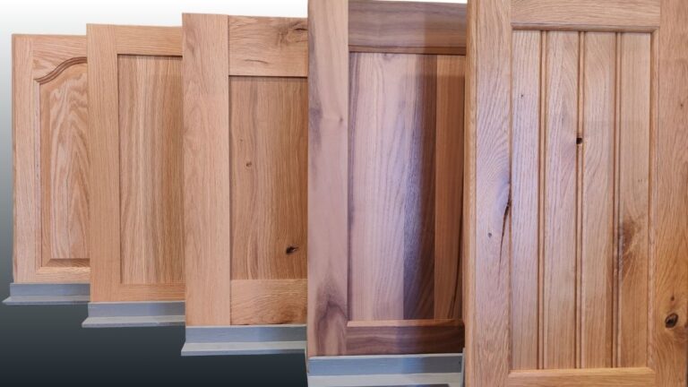 Five cabinet doors in a variety of wood types, door styles, and profiles.