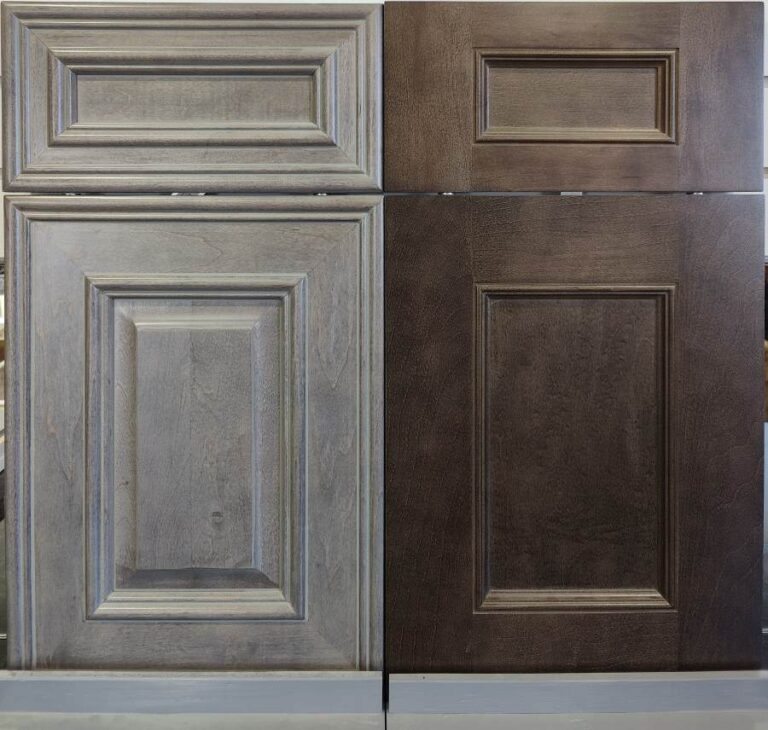 On the left is a Maple mitered door with a solid wood raised center panel. On the right is a Maple shaker style door with an applied molding added to the inside profile.