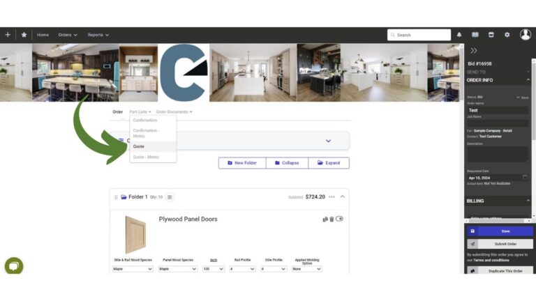 A screenshot showing how to view the pricing for cabinet doors on a Cutting Edge quote page.