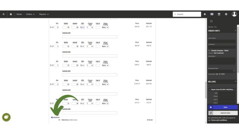 A screenshot of Cutting Edge's online ordering system with an arrow pointing to Add Rows.