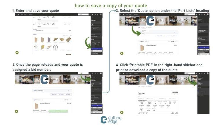 An infographic showing how to save a copy of your quote from Cutting Edge.