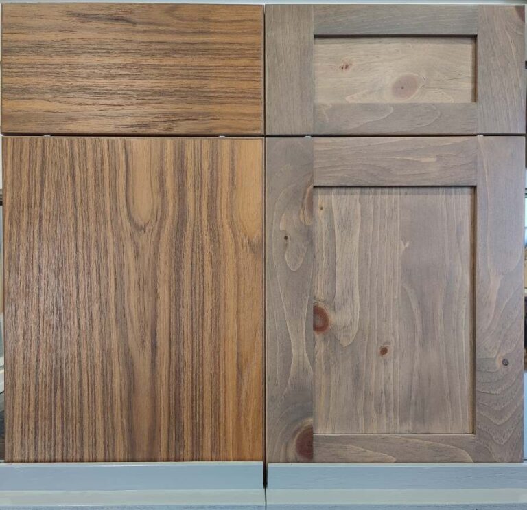 On the left is a Teak veneer slab door with edge banding. On the right is a Knotty Pine shaker-style door with a plywood panel.