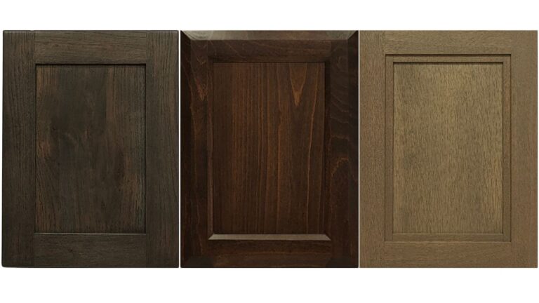 Three shaker style cabinet doors. From left to right - a dark grey shaker style door, a dark brown bevelled door, and a light grey stepped shaker door.