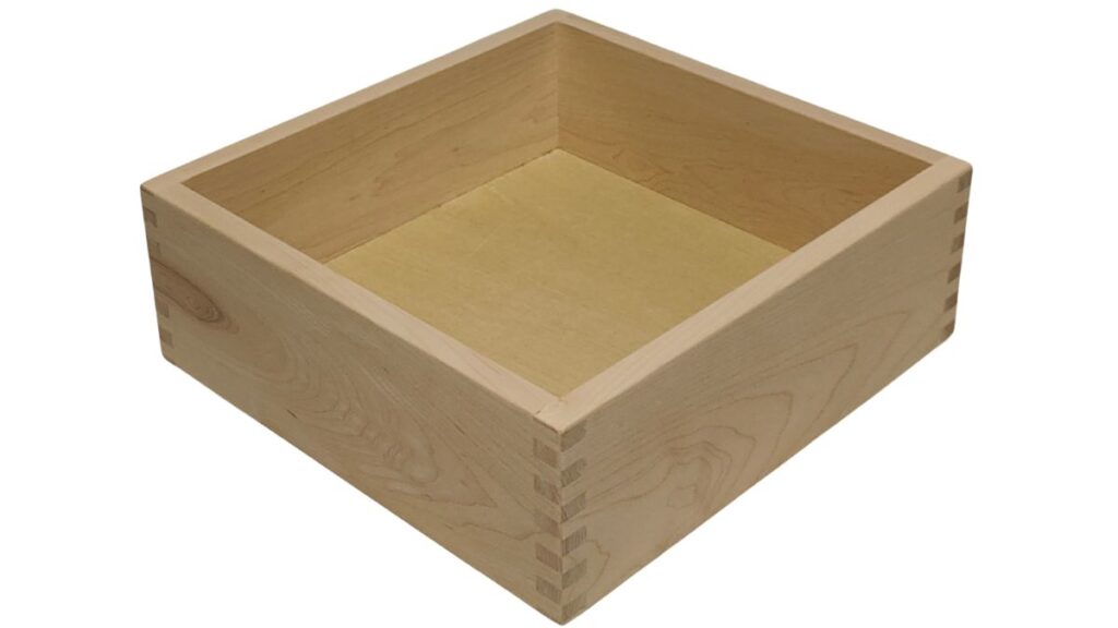Box joint drawer boxes have a distinctive box joint visible from the front and sides of the drawer box.
