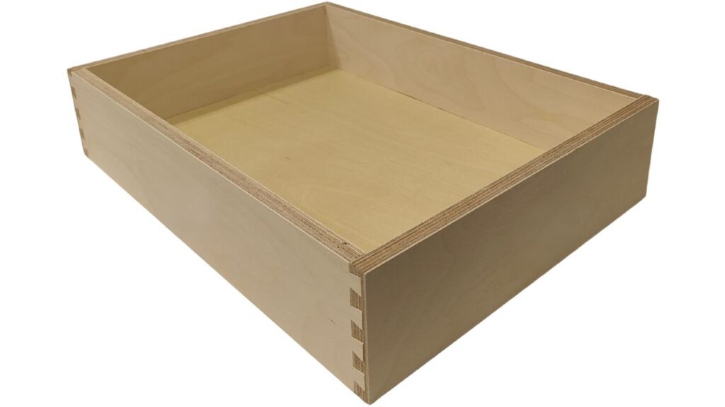 A Birch plywood dovetail drawer box on a white background.