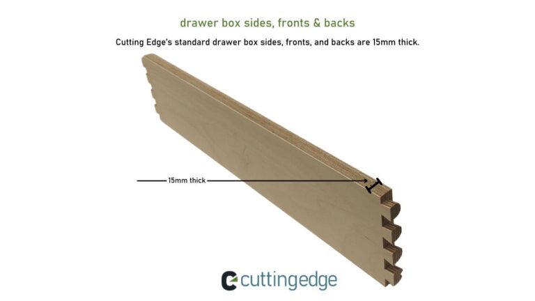 Cutting Edge's dovetail drawer boxes come with 15mm thick sides, fronts, and backs.