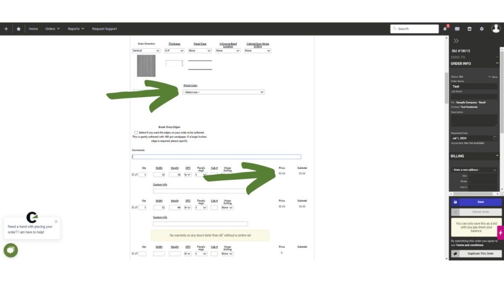 A screenshot of a cabinet door order. One arrow points to the pricing, and a second arrow points to the blank entry option.