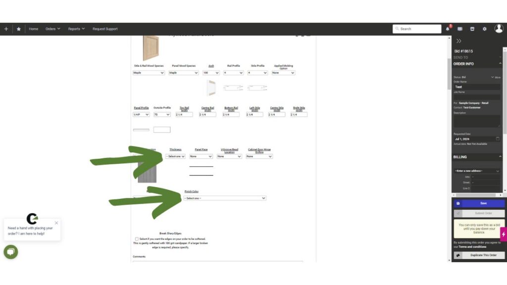 A screenshot of a cabinet door order with two arrows pointing to blank entry options.