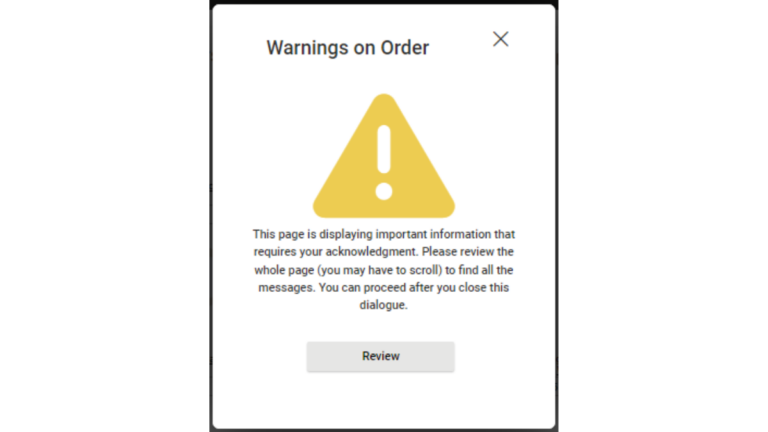 A screenshot of an online order warning that you need to review your order.