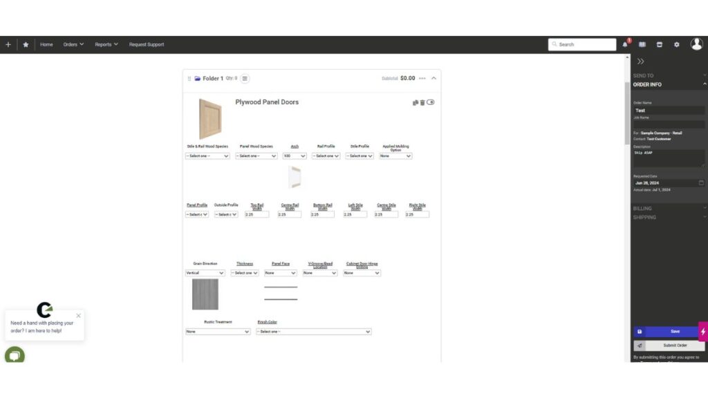 A screenshot showing the entry page where you begin to order cabinet doors.