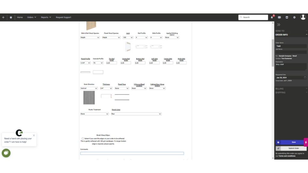 A screenshot showing how to enter the profile details to order cabinet doors.