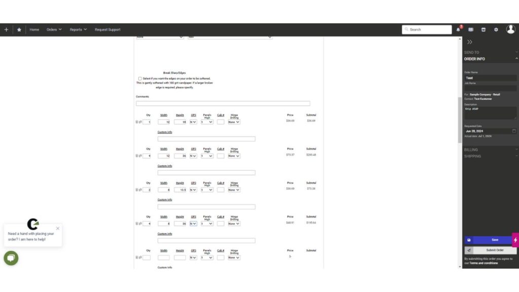 A screenshot showing where to enter the door sizes when you order cabinet doors.