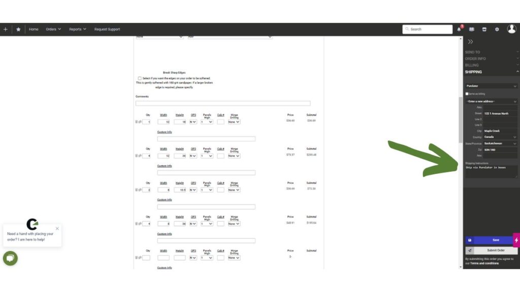 A screenshot with an arrow pointing to the shipping instructions. You can add information here when you order cabinet doors.