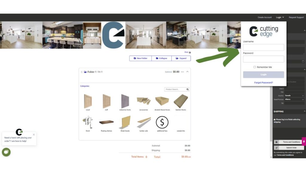A screenshot of Cutting Edge's ordering system with an arrow pointing to the login popup.