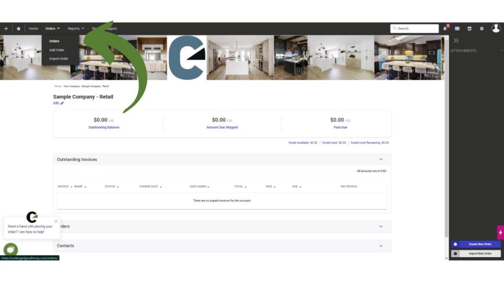 A screenshot of Cutting Edge's ordering system with an arrow pointing to the Orders menu option.