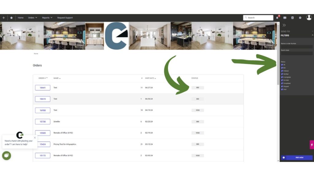 A screenshot of Cutting Edge's ordering system, displaying cabinet door orders. An arrow points to the filter options and a second arrow points to the order status.