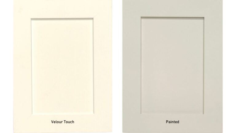 On the left, a white Velour Touch NEXGEN cabinet door. On the right, a grey painted door.