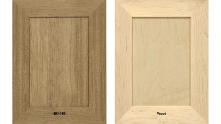 On the left, a NEXGEN cabinet door. On the right, a wood cabinet door.