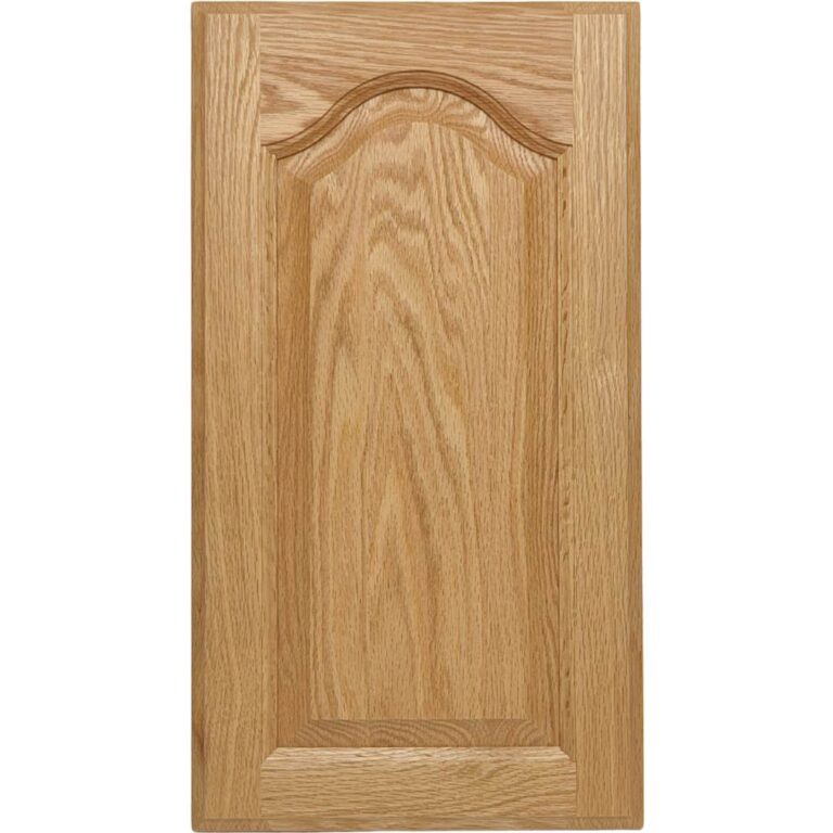 A Red Oak cabinet door with an arched top rail and a raised panel.