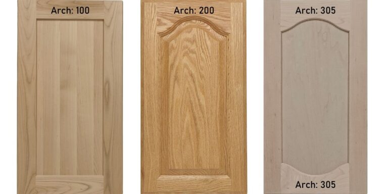 From left to right: a cabinet door with Cutting Edge's 100 arch profile, a cabinet door with the 200 arch profile, and a cabinet door with the 305 arch profile.