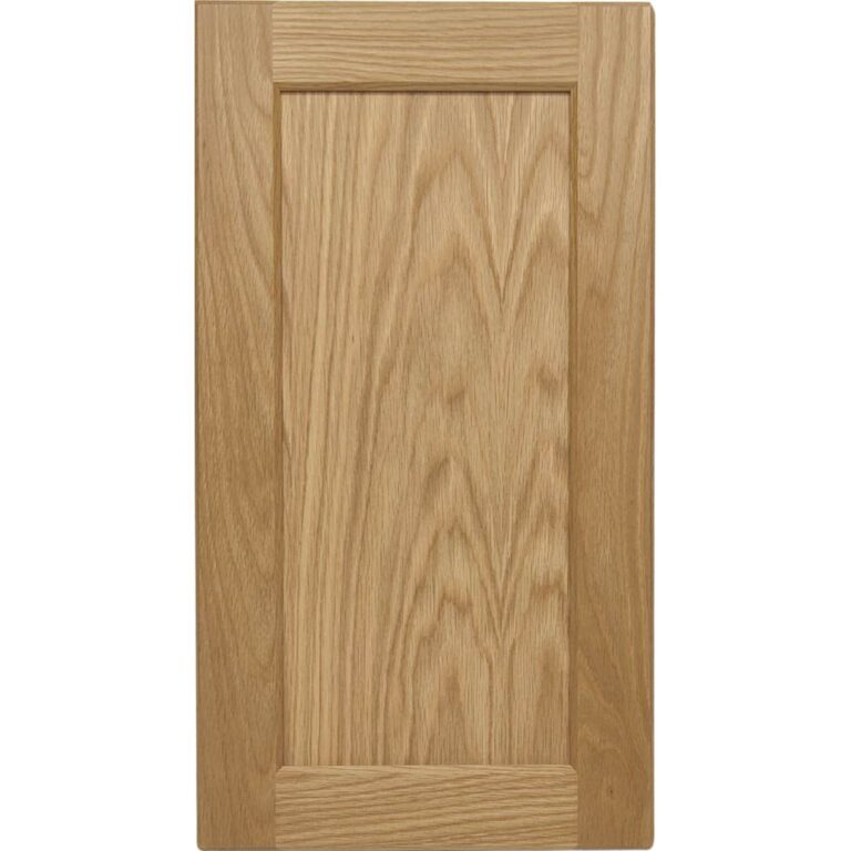 A flat cut White Oak cabinet door with a plywood center panel.