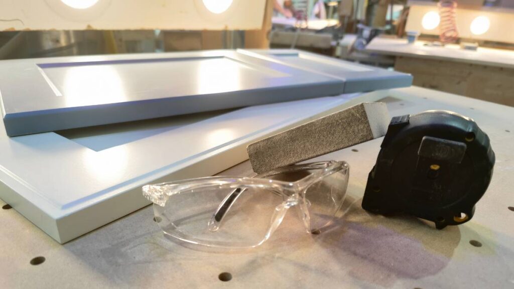 Two 1-piece MDF cabinet doors, one white and one blue, on a table behind safety glasses, a tape measure, and a sanding block.