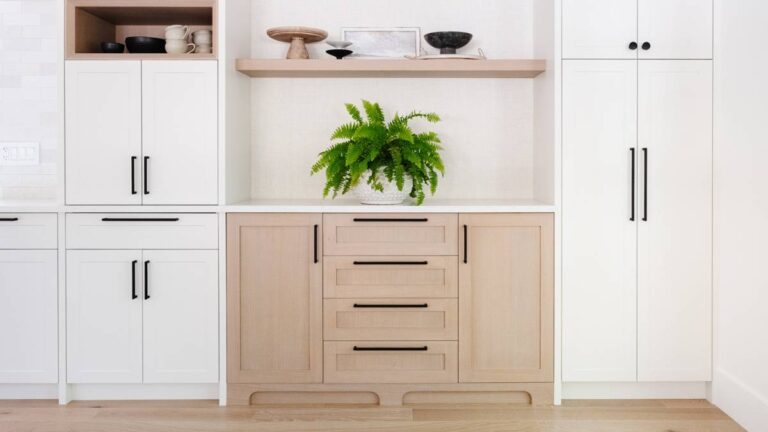 You can customize cope and stick cabinet doors to fit specific kitchen designs, like these whitewashed Oak doors in a contemporary kitchen.