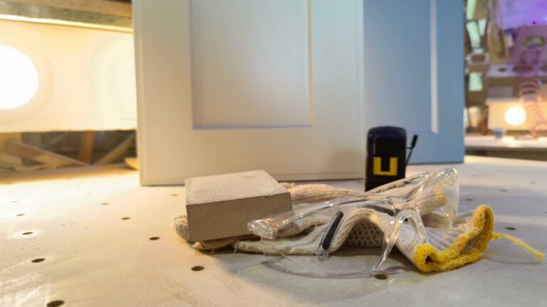 Two MDF cabinet doors standing upright behind a sanding block, gloves, safety glasses and a tape measure.