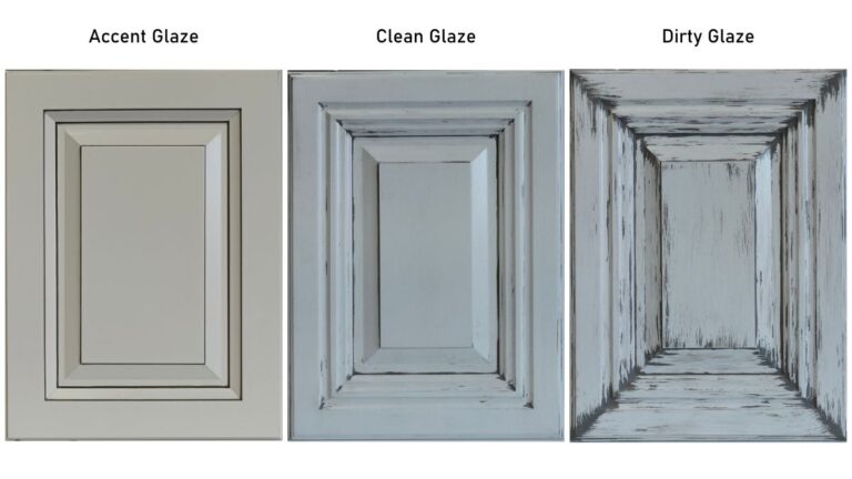 An infographic showing the three painted and glazed options for finished cabinet doors.