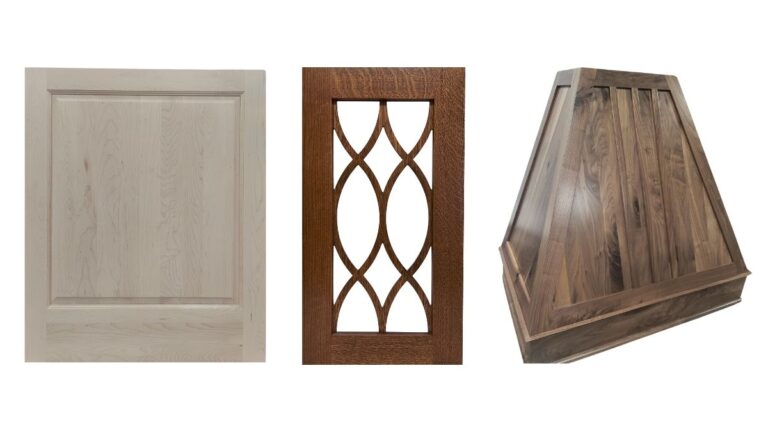 Adding a custom product may delay your cabinet doors. From left to right - a decorative end panel, a mullion frame, and a range hood.