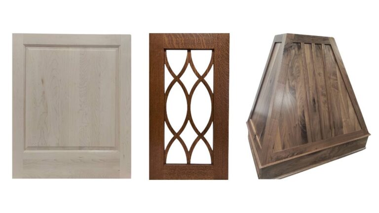 Custom cabinet doors or decorative pieces may extend your order lead time. From left to right: a decorative end panel, a mullion frame, and a range hood.