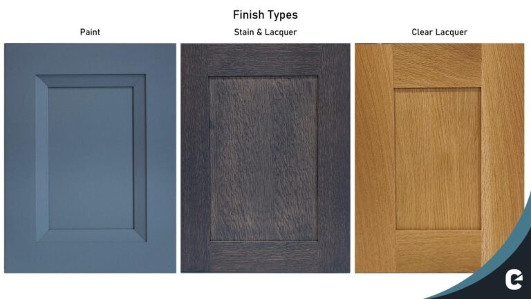 Cabinet doors in three finish types; from left to right: paint, stain & lacquer, and clear lacquer.