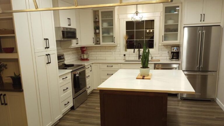 This contemporary kitchen features glass cabinet doors with frosted glass.