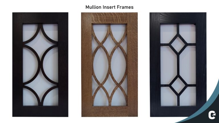 Mullion insert frames are the most complex option for glass cabinet doors. This picture shows three types of mullion inserts made by Cutting Edge.