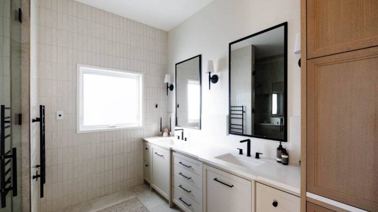 A vanity featuring White Oak and painted mitred cabinet doors.