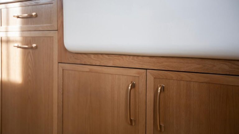 Red Oak mitred cabinet doors in a slim shaker profile underneath a white farmhouse sink.