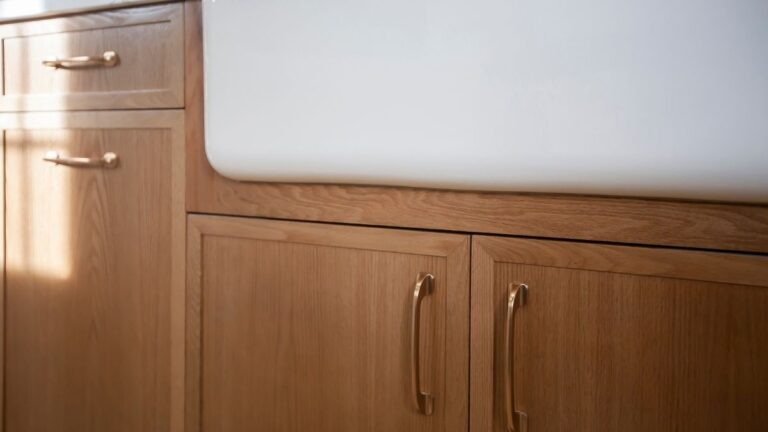 A kitchen with Red Oak slim shaker cabinet doors and a white farmhouse sink. The wood type and material grade you select affect the price.