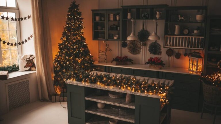 A kitchen with custom cabinet doors, Christmas decorations on the counters, and a Christmas tree in the corner. You must order custom cabinet doors in advance to prevent delays.