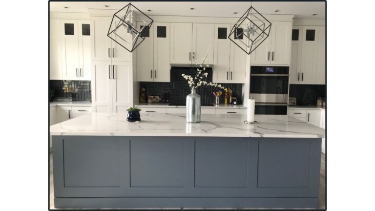 Custom MDF cabinet doors, like the decorative four-panel piece on the back of this island, can extend your lead time.