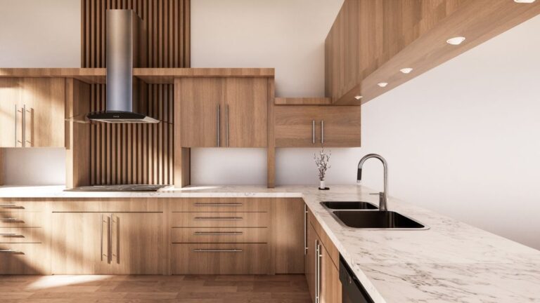 A kitchen featuring laminate slab cabinet doors that mimic wood grain and colouring. Laminate slab doors are less expensive than solid wood slabs.