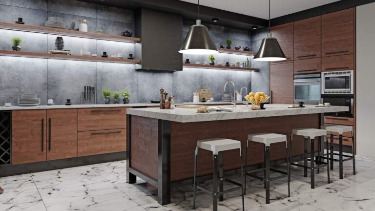 A kitchen featuring dark brown solid wood slab cabinet doors, a grey tile backsplash, and black hardware. Finished slab doors take longer to make than raw.