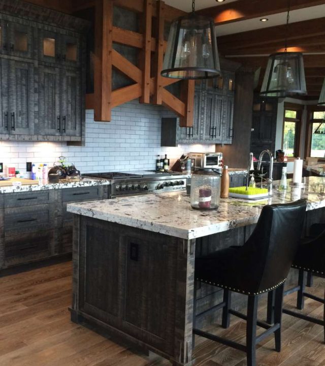 A kitchen with rough sawn rustic Hickory doors.